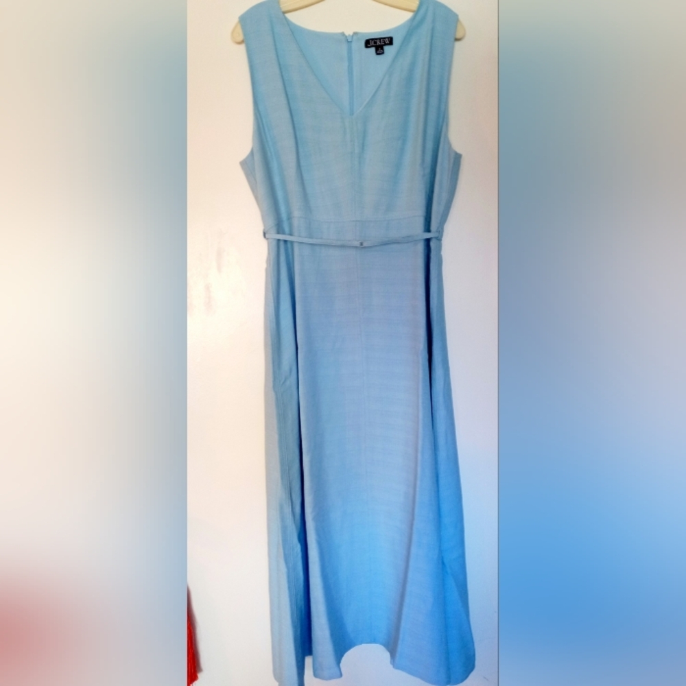 J. CREW Belted Matilda Dress Size 16 Summer Linen Sky Blue, Luxe Preppy Chic
